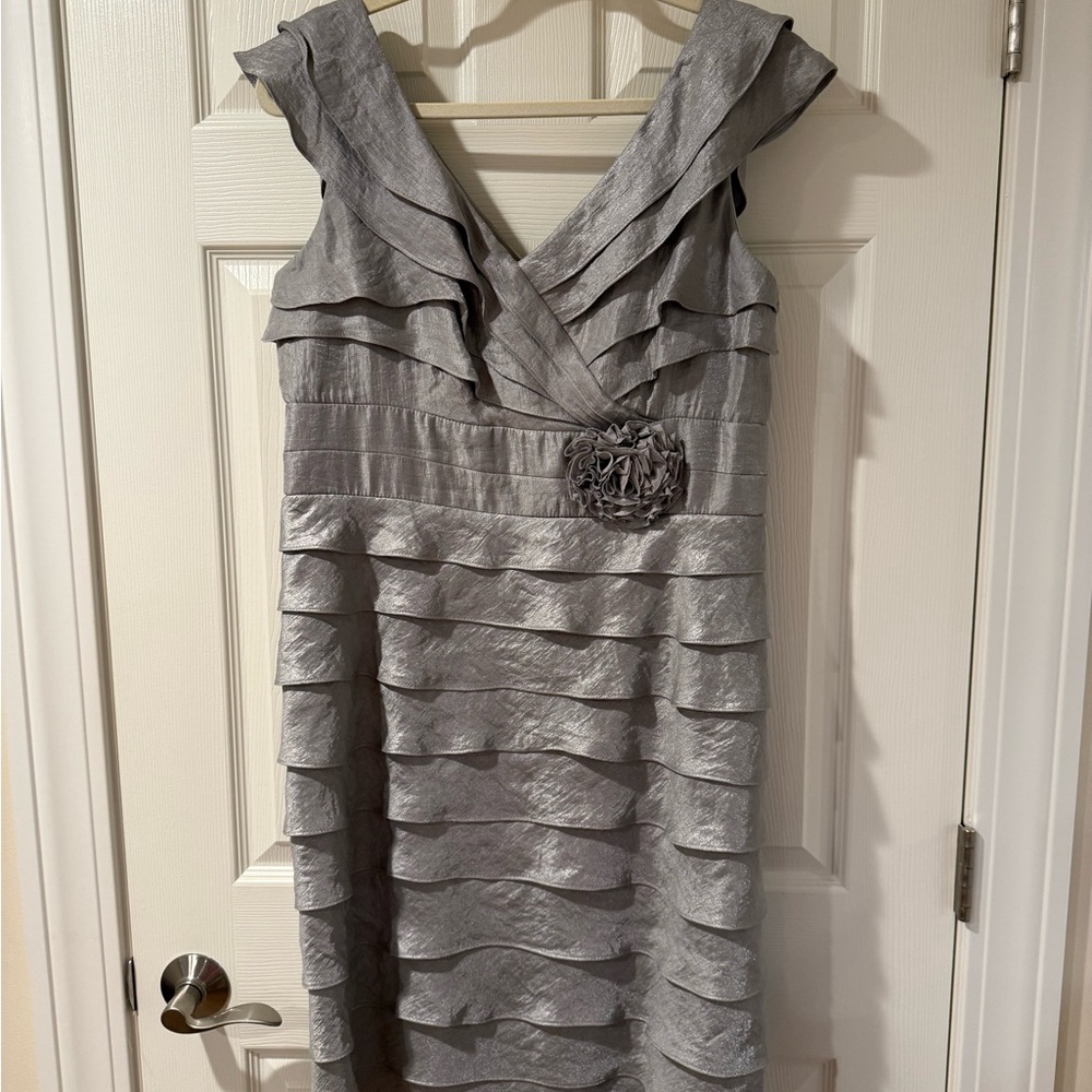 London Times Silver Ruffled Midi Dress